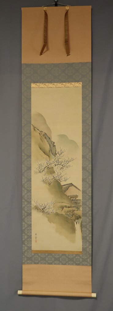 Ameixa, Figuras e Paisagem - Com assinatura Raishō 来章 - Seda - Nakajima Raisho (1796-1871) - Japão - Final do período Edo #1.0