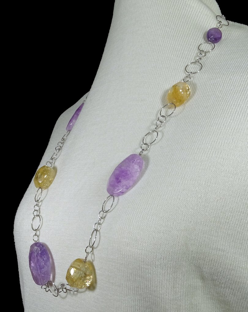 Magnifique quartz d'améthyste taillé et quartz de citrine. Collier avec chaîne en argent- 125 g #2.1