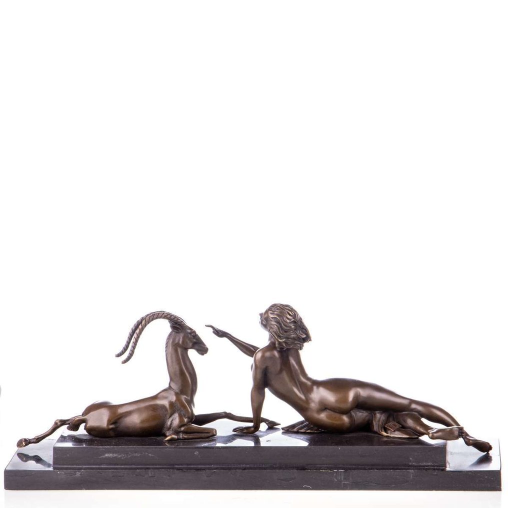 Figuur - Art Deco Bronzefigur Frau mit Antilope - Brons, Marmer #1.0