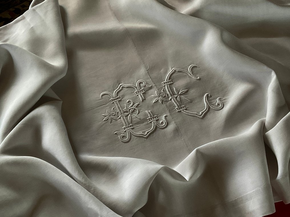 Roupa de cama em linho puro do início do século XX com iniciais E.C. - Têxtil  - 3.2 m - 2.3 m #1.0