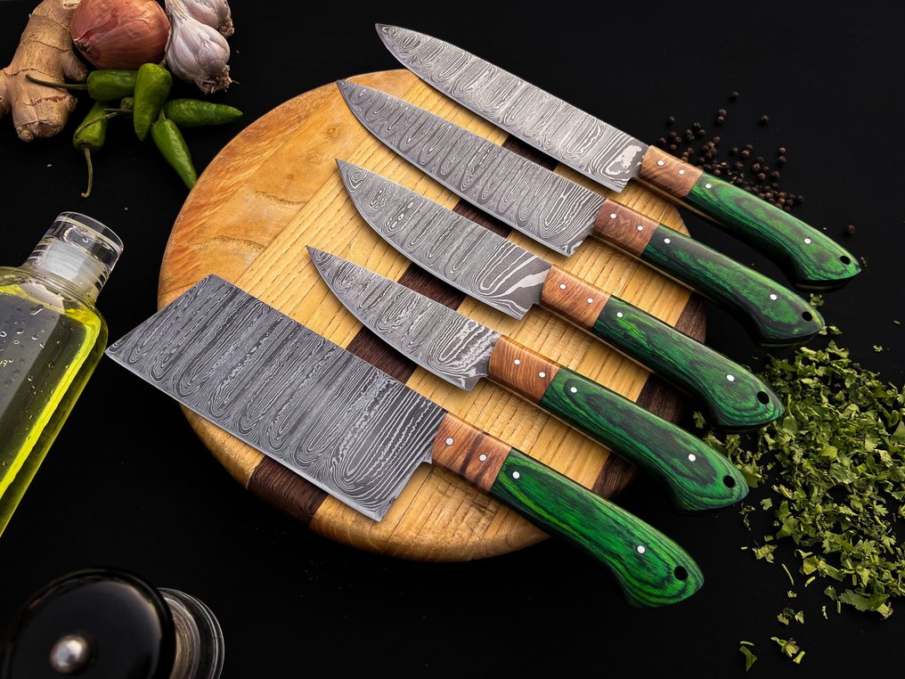 R.S Knives - 厨刀 -  厨师刀 - 彩色 pakkawood 板，橄榄木隔片，钢钉/扭纹刀片，锋利的边缘 - 英国 - 五件厨师刀套装 #2.1