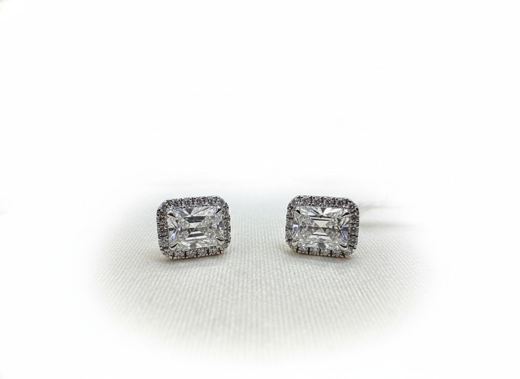 耳釘耳環 - 14 克拉 黃金 -  2.36ct. tw. 鉆石 (實驗室培育) - 鉆石 - Radiant Cut Halo 耳环 #3.2