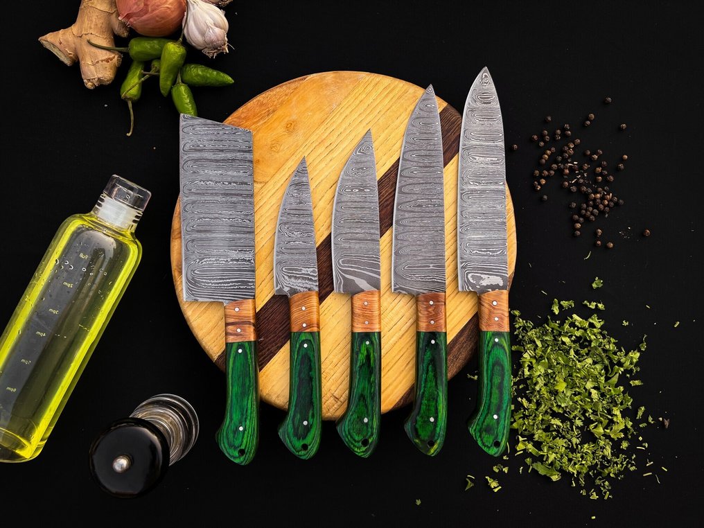 R.S Knives - 厨刀 -  厨师刀 - 彩色 pakkawood 板，橄榄木隔片，钢钉/扭纹刀片，锋利的边缘 - 英国 - 五件厨师刀套装 #1.0