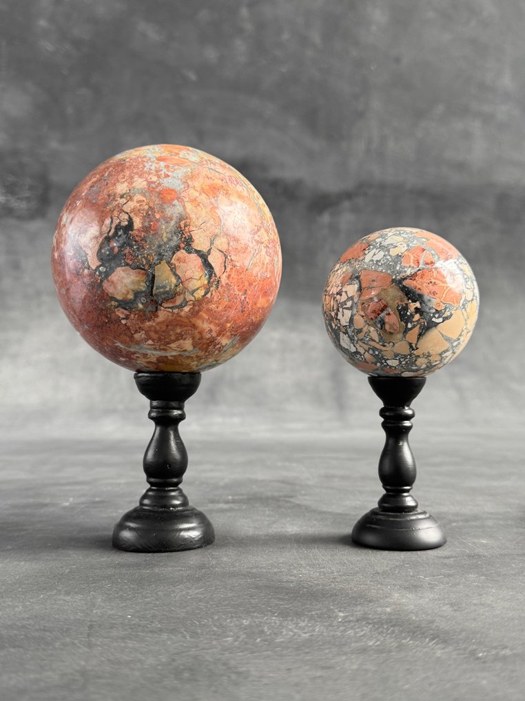 无底价 - 一对美丽的黄色Maligano玉髓 定制支架上的球体- 2900 g - (2) #1.0