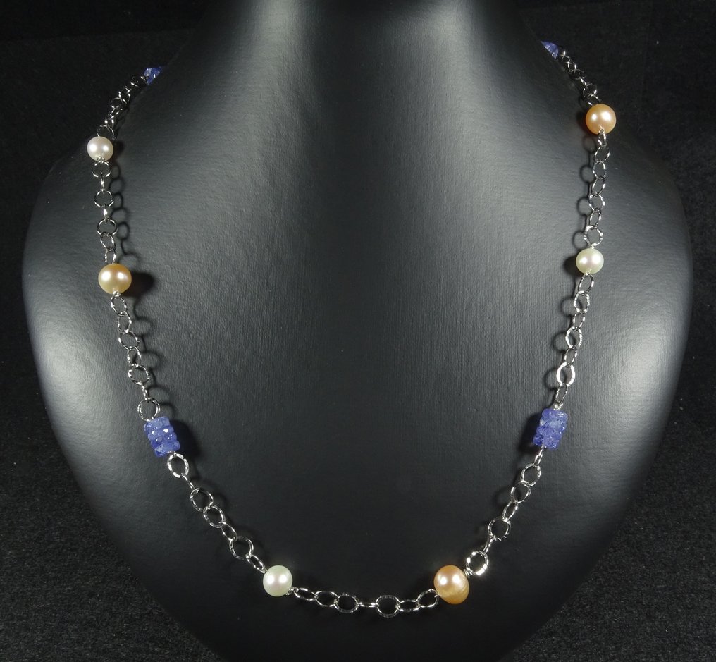 Tanzanita facetada natural con perlas Collar con cadena de plata- 11.6 g #1.0
