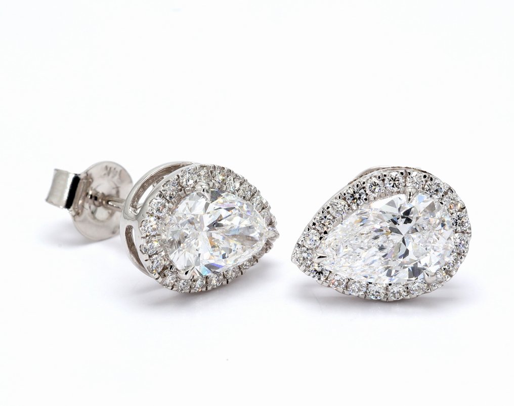 耳釘耳環 - 14 克拉 白金 -  2.36ct. tw. 鉆石 (實驗室培育) - 鉆石 - Pear形光环耳环 #2.1