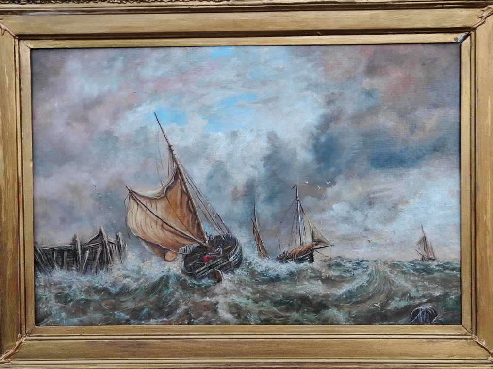 Edward Henry Eugène Fletcher (1857-1945) - Schepen op ruig water #2.1