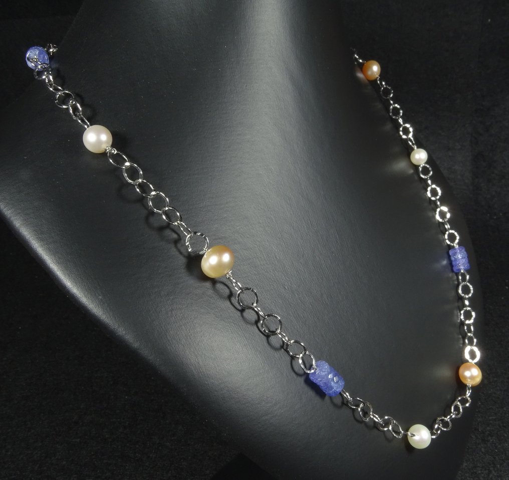 Tanzanita facetada natural con perlas Collar con cadena de plata- 11.6 g #1.0