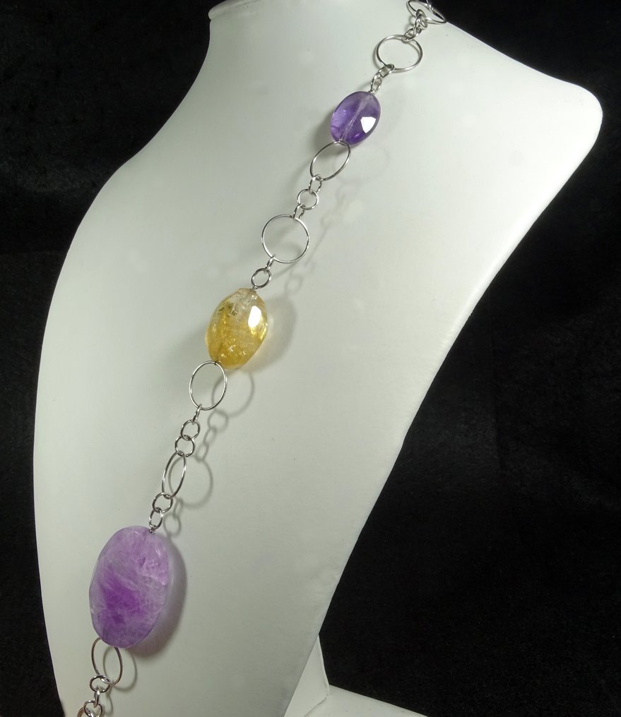 Magnifique quartz d'améthyste taillé et quartz de citrine. Collier avec chaîne en argent- 125 g #3.2
