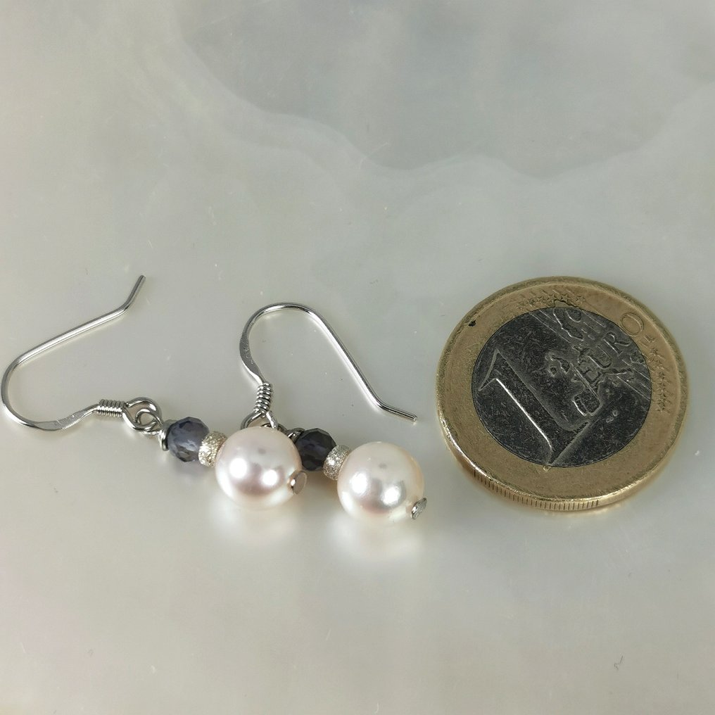 没有保留价 - 耳环 银 珍珠 - 坦桑石 - Akoya RD Ø 7.5x8 毫米 #2.1