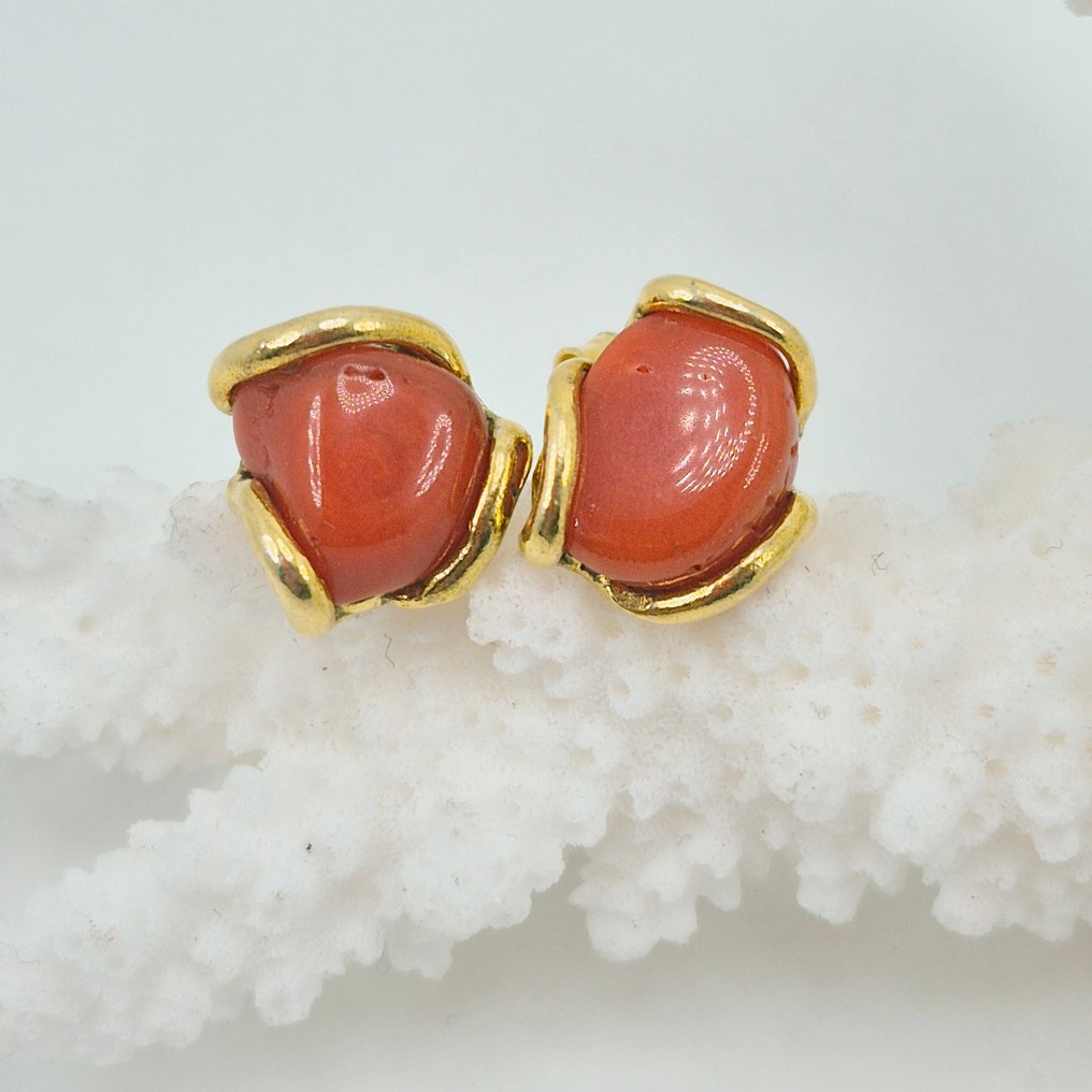 紅珊瑚 - 銀, 鍍金 - 耳環 - CORALLO MEDITERRANEO #1.0