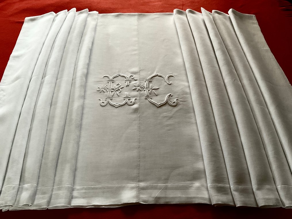 Roupa de cama em linho puro do início do século XX com iniciais E.C. - Têxtil  - 3.2 m - 2.3 m #1.0