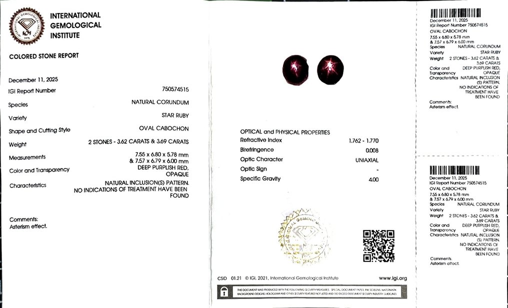 没有保留价 - 2 pcs  星彩红宝石  - 7.31 ct - 国际宝石研究院（IGI） #2.1