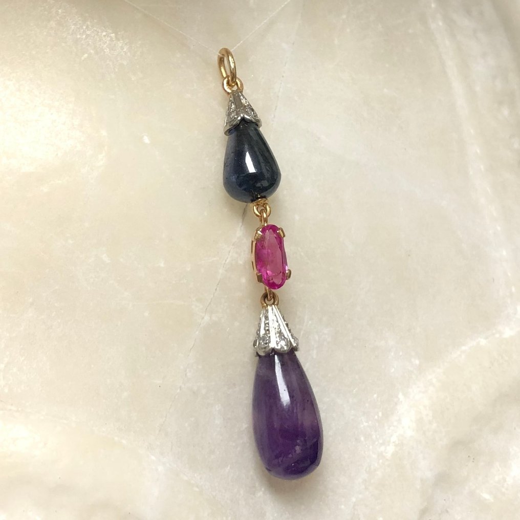 χωρίς τιμή ασφαλείας - Κρεμαστό κόσμημα - 18 καράτια Κίτρινο χρυσό, Λευκός χρυσός -  8.97ct. tw. Αμέθυστος - Διαμάντι - Ρούμπις 0,50 Σαφίρ 3,40 #4.3