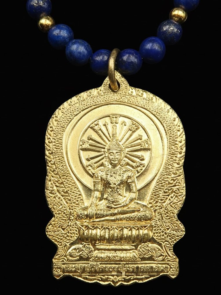 青金石 - 太阳佛陀项链配青金石：启迪、智慧与保护——14K GF黄金扣 - 吊坠项链 #1.0