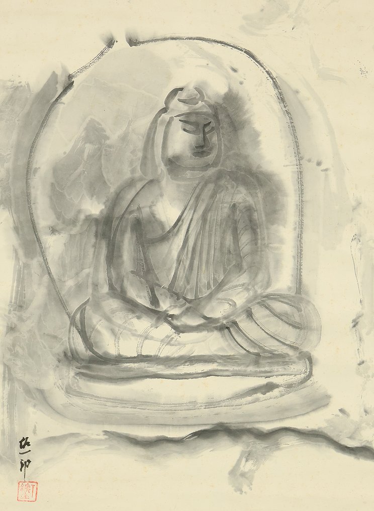 Stone Buddha with Original Box (Tomobako) - with signature 'Saichiro' 佐一郎 - Ιαπωνία  (χωρίς τιμή ασφαλείας) #3.2