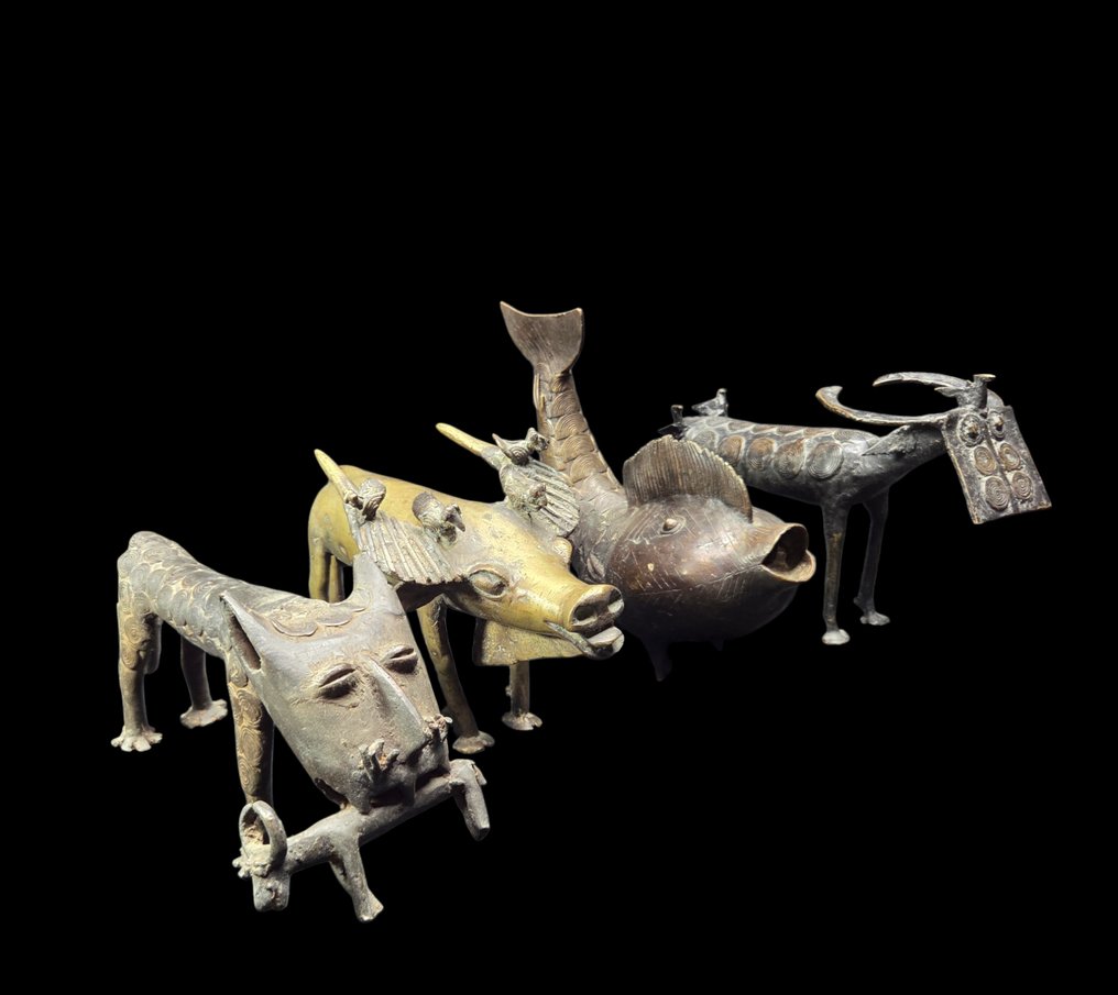 4件稀有大型青铜动物雕塑:豹子、水牛、鱼、山羊,原创作品(40厘米!!) - 非常美丽的铜绿——正如你所想象的那样,四件铜制品都非常沉重! - 贝宁 #1.0