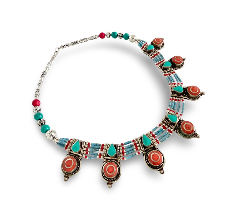 绿松石与珊瑚 - 复古藏族银饰 - 頸鏈 #2.1