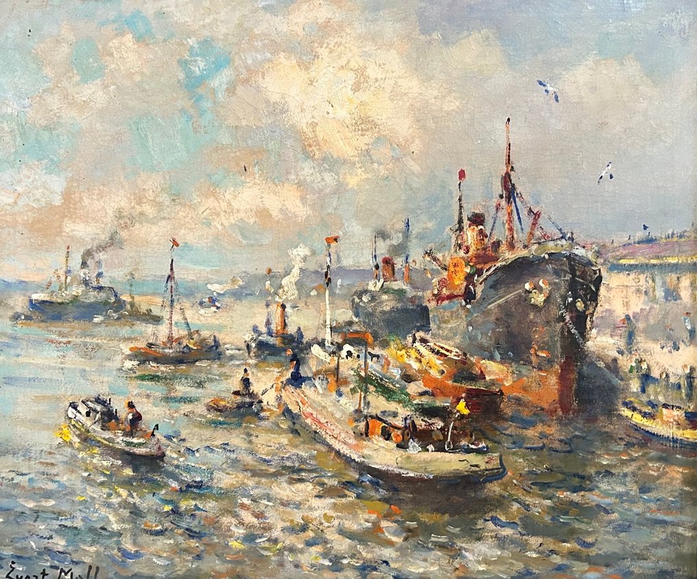 Evert Moll (1878-1955) - Bedrijvigheid in de haven van Rotterdam #1.0