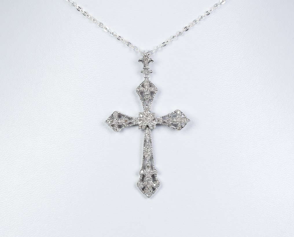 χωρίς τιμή ασφαλείας - Κολιέ με μενταγιόν Ασήμι 925 - 0,40 καρατίων διαμάντια - σχήμα σταυρού. #1.0