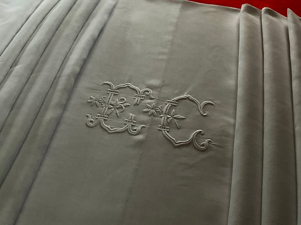 Roupa de cama em linho puro do início do século XX com iniciais E.C. - Têxtil  - 3.2 m - 2.3 m #4.3