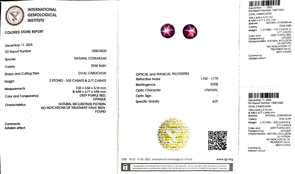 χωρίς τιμή ασφαλείας - 2 pcs  Ρουμπίνι αστέρι  - 5.80 ct - International Gemological Institute (IGI) #2.1