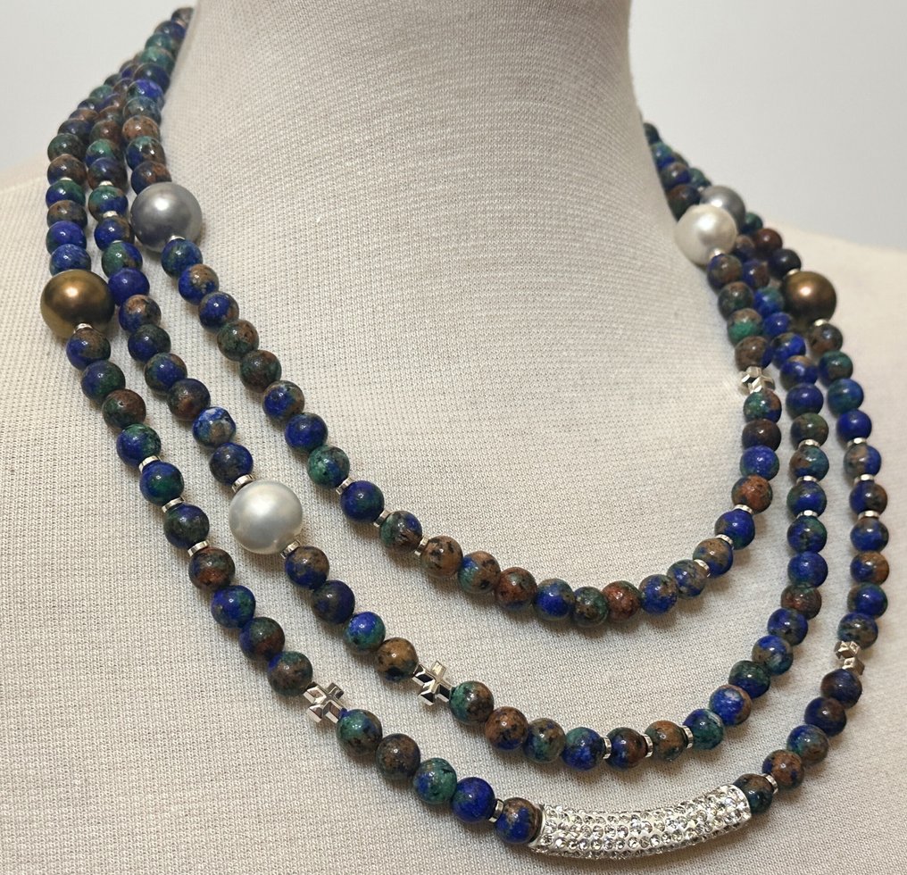 Azurmalachita natural e Madre de Perla e Cruz Griegsa de Hematite. Pas, Salud, Divona. - Colar com pingente - Com fecho de prata 925 #2.1