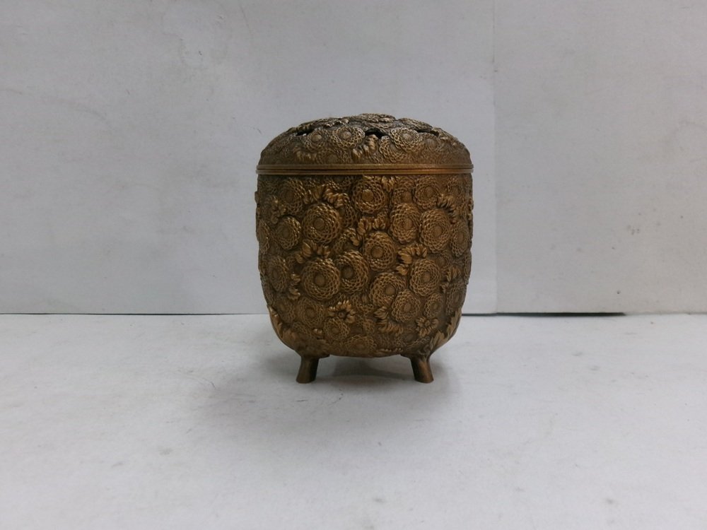 Καυστήρας θυμιάματος - Μπρούντζος, Τετραψήφιοι κρόνοι Incense Burner Τρία πόδια υπογεγραμμένο - Takaoka Copperware - Kōsai Sano #1.0