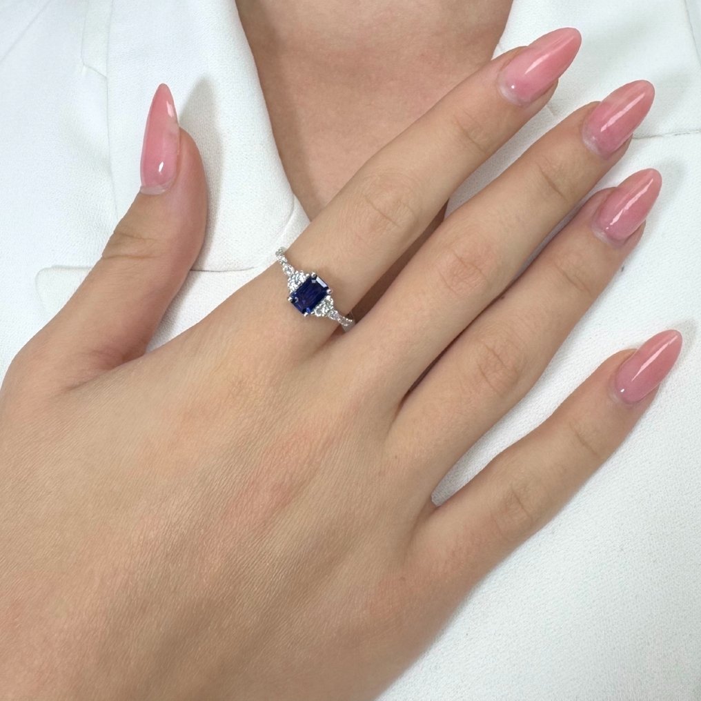 戒指 - 18 克拉 白金 -  1.07ct. tw. 藍寶石 - 鉆石 - IGI 认证戒指 #3.2