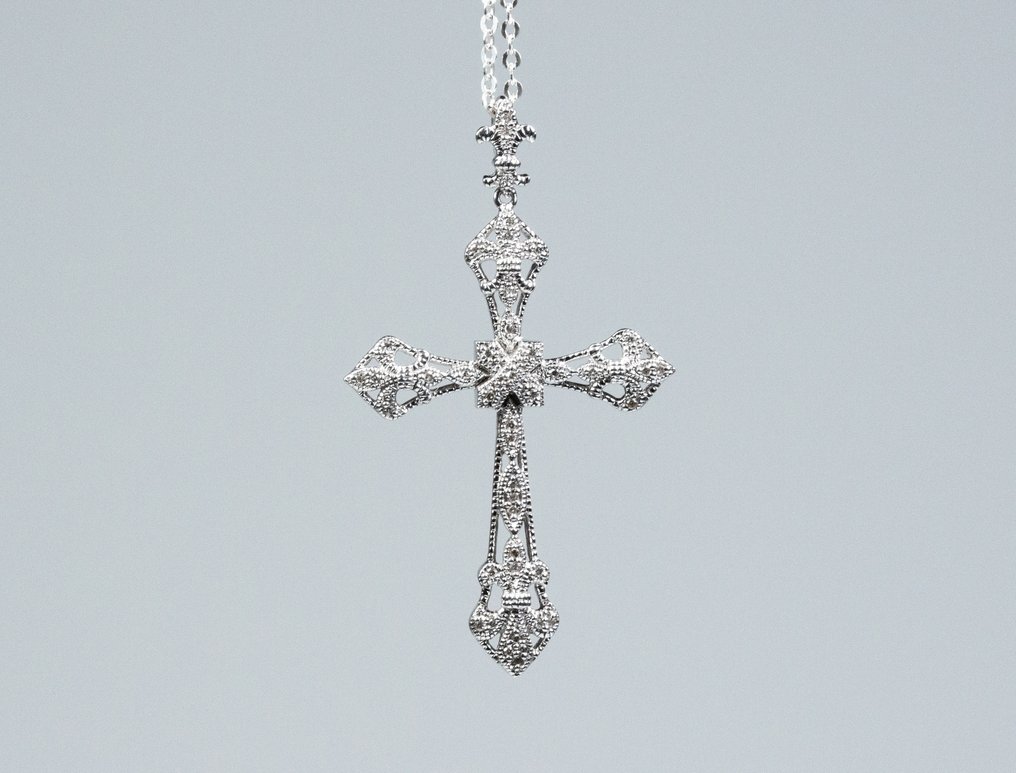 χωρίς τιμή ασφαλείας - Κολιέ με μενταγιόν Ασήμι 925 - 0,40 καρατίων διαμάντια - σχήμα σταυρού. #1.0