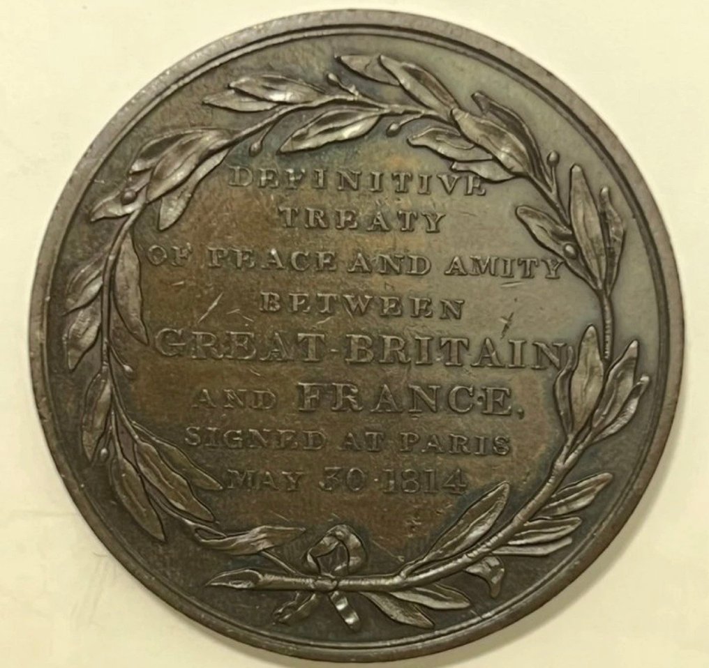 Reino Unido, França. Medal france – 1814 – louis xviii “treaty of peace between france and great britain” – bronze #4.3