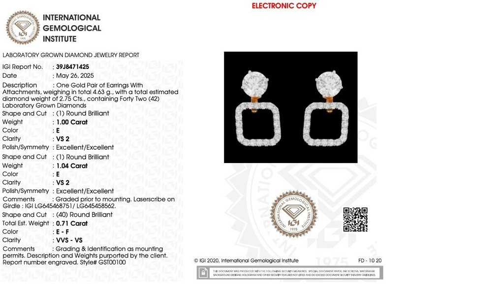 耳釘耳環 - 14 克拉 黃金 - 2.75ct. tw. 鉆石 (實驗室培育) - 鉆石 - 悬挂式耳钉 #4.3