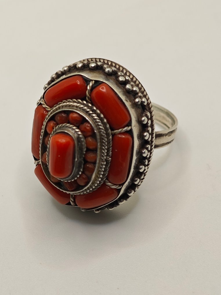 Plata, coral - Anillo - Anillo Ag/coral bereber #2.1