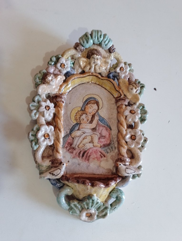  Κολυμβήθρα αγιασμού - Ceramica Salernitana - 20ος αιώνας - Madonna με παιδί - 31 εκ.  #3.2
