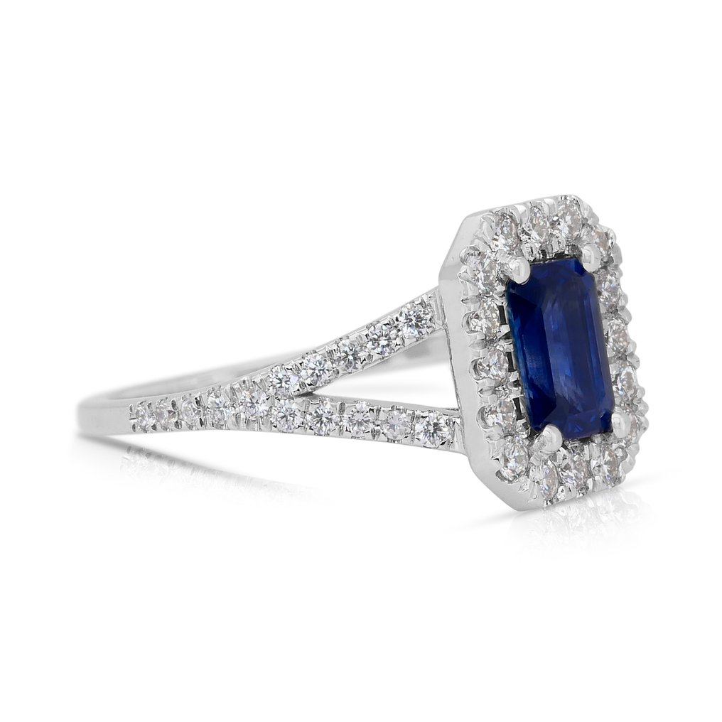 Ring - 18 kt. White gold -  1.51ct. tw. Sapphire - Diamond - IGI Certified #2.1