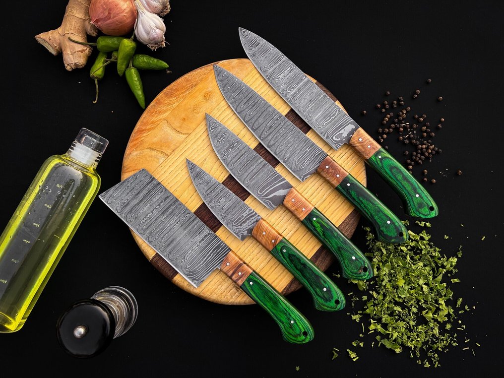 R.S Knives - 厨刀 -  厨师刀 - 彩色 pakkawood 板，橄榄木隔片，钢钉/扭纹刀片，锋利的边缘 - 英国 - 五件厨师刀套装 #1.0