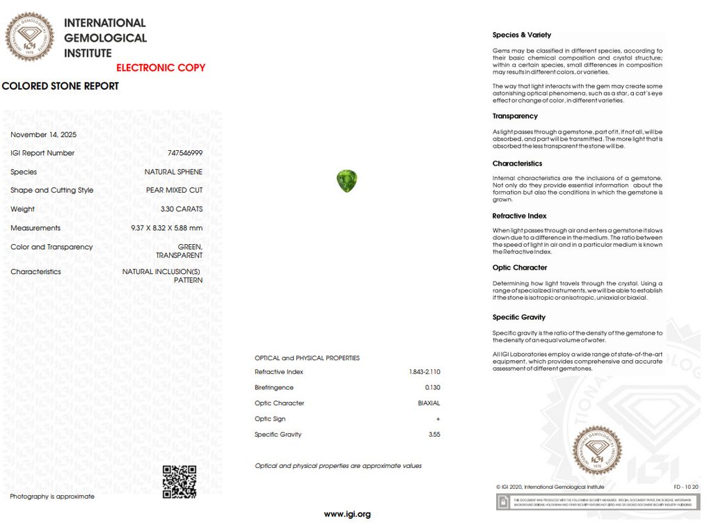 χωρίς τιμή ασφαλείας - 1 pcs  Πράσινο Τιτανίτης  - 3.30 ct - International Gemological Institute (IGI) - Διαμάντι Σπάρκλ Τιτάνιτ #2.1