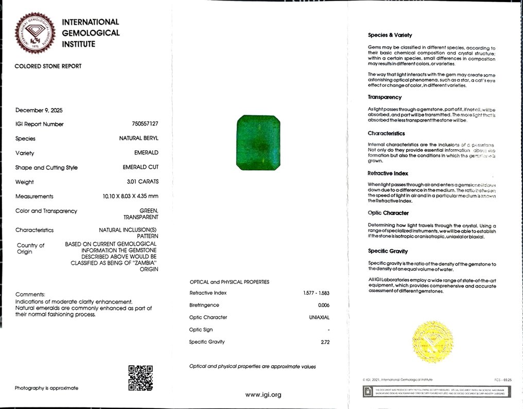 Ohne mindestpreis Smaragd  - 3.01 ct - International Gemological Institute (IGI) #2.1