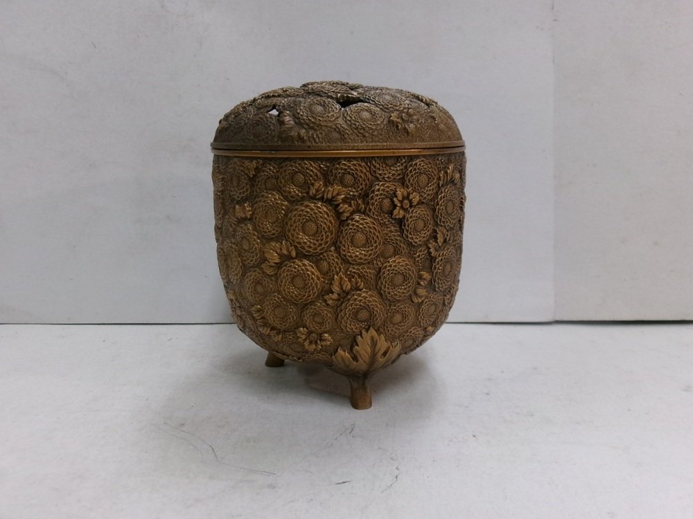 Καυστήρας θυμιάματος - Μπρούντζος, Τετραψήφιοι κρόνοι Incense Burner Τρία πόδια υπογεγραμμένο - Takaoka Copperware - Kōsai Sano #1.0