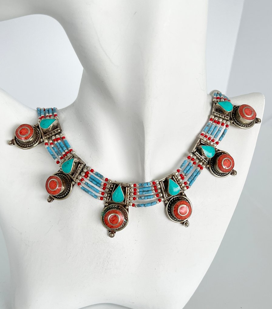 绿松石与珊瑚 - 复古藏族银饰 - 頸鏈 #1.0