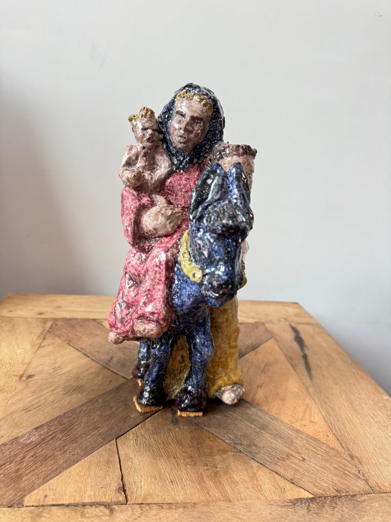 Statuette, Josef, Jezus en Maria tijden het vluchten voor Herodus - 24 cm - Earthenware #2.1