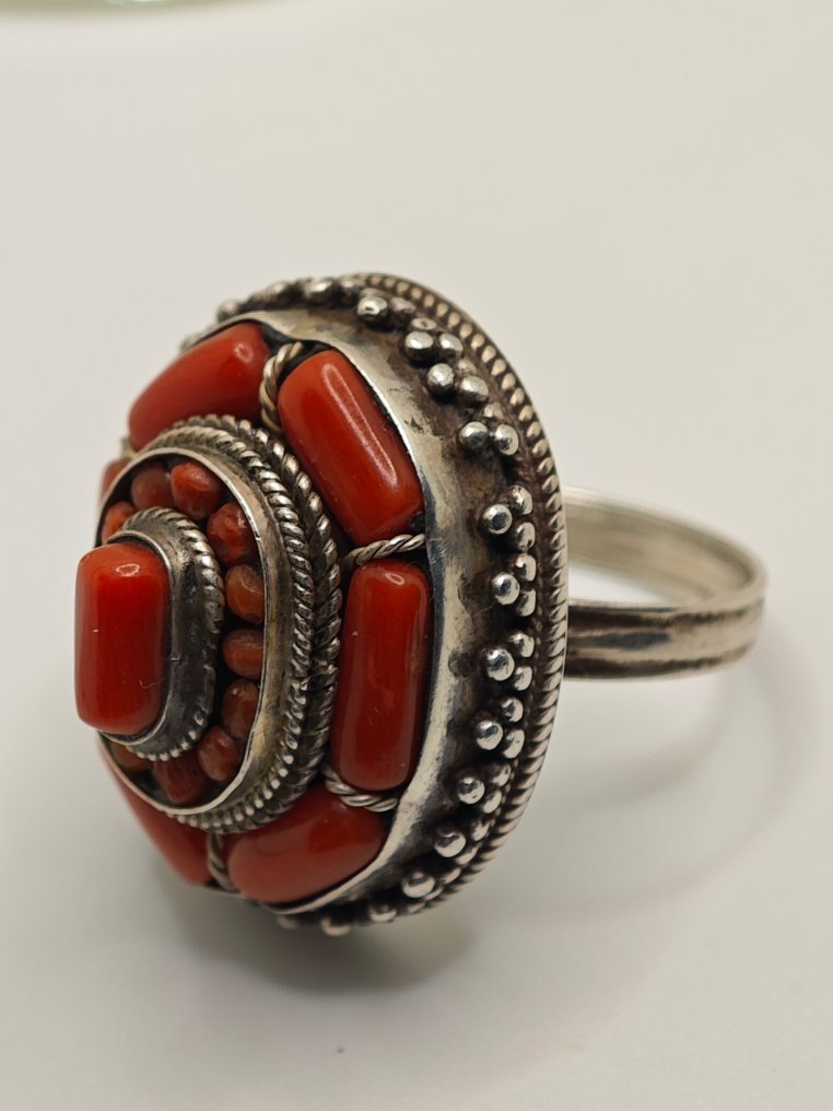 Plata, coral - Anillo - Anillo Ag/coral bereber #1.0