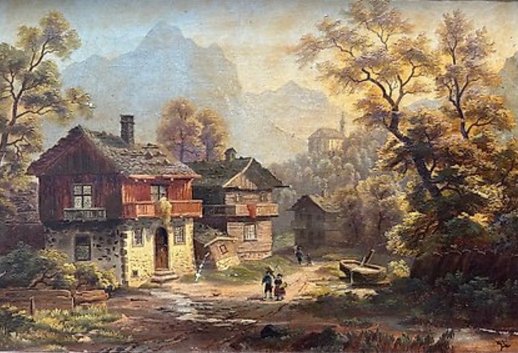 Hollandse school (XIX) - Wandelaars lopen in het dorp #1.0