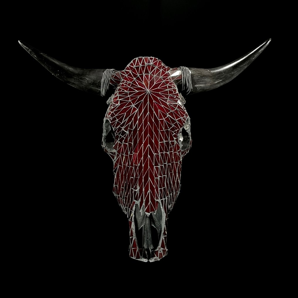无底价 - 正品大型公牛头骨,配有玻璃马赛克镶嵌 - 栗色 颅骨 - Bos Taurus - 49 cm - 59 cm - 19 cm- 非《濒危物种公约》物种 - (1) #2.1