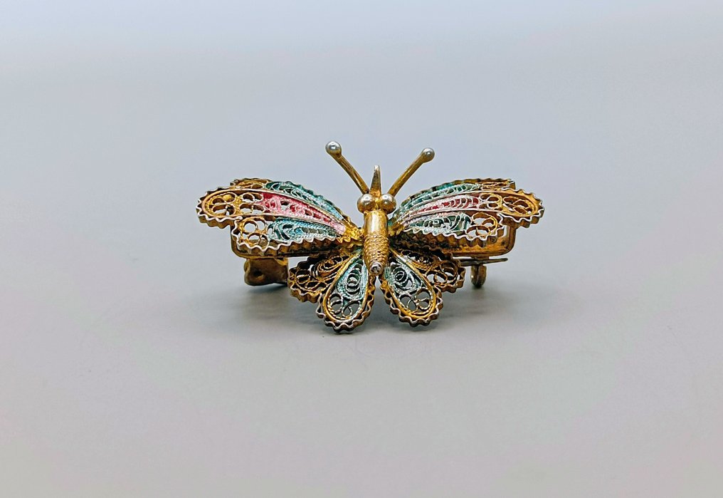 无保留 - 800银镀金珐琅细工蝴蝶 - 胸针 - 无底价 #2.1