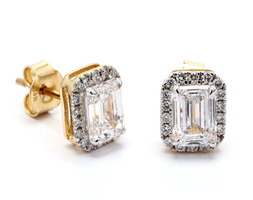耳釘耳環 - 14 克拉 黃金 -  2.41ct. tw. 鉆石 (實驗室培育) - 鉆石 - Radiant Cut Halo 耳环 #1.0