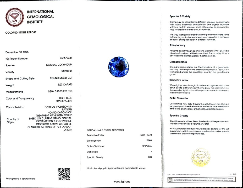 没有保留价 蓝色 蓝宝石  - 1.09 ct - 国际宝石研究院（IGI） - 未加热，未处理 #2.1