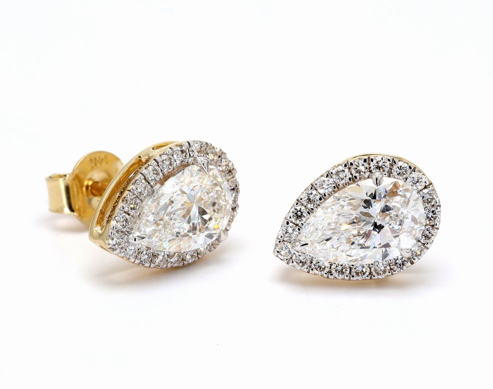 耳釘耳環 - 14 克拉 黃金 - 2.39ct. tw. 鉆石 (實驗室培育) - 鉆石 - 珍珠光晕耳钉 #1.0
