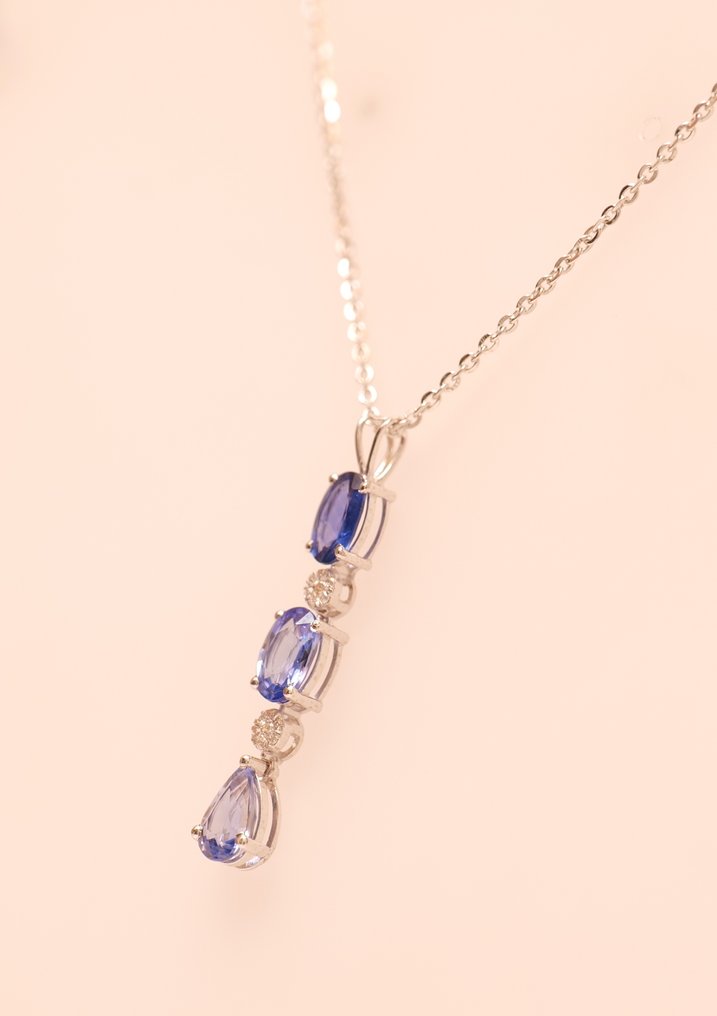 项链 - 14K包金 白金 -  1.79ct. tw. 蓝宝石 - 钻石 - 宝石吊坠项链 #2.1