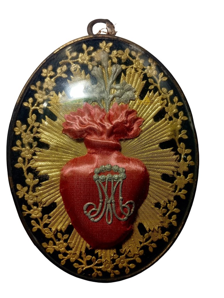  還願物 - 紡織品, 玻璃 - 1850-1900 - 为获得恩典的许愿品，配有金银丝线 - 圣母玛利亚  #1.0